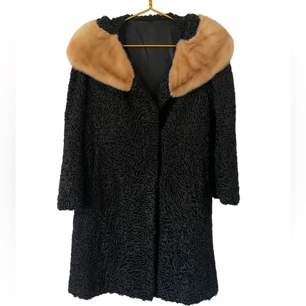 Vintage 40’-50’s Crown Monarch Black Persian Lamb & Mink Fur Collar, Size M/L/XL